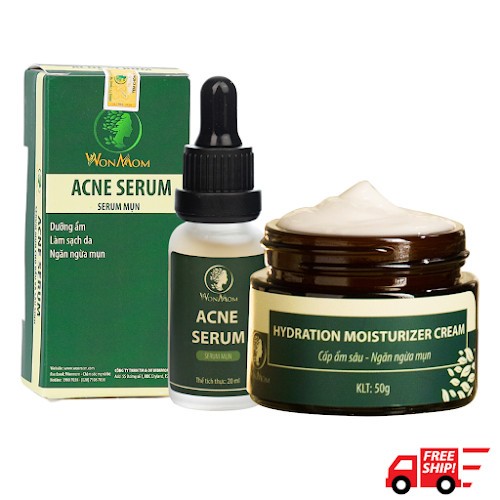 Bộ trị mụn cứng đầu và dưỡng da mụn hiệu quả Wonmom ( 1 serum mụn + 1 kem cấp ẩm )